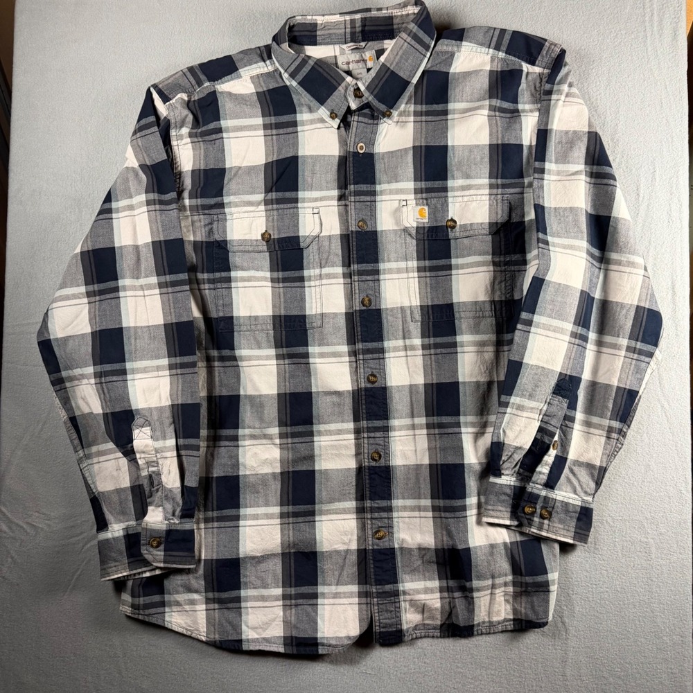 Carhartt Mens 2XL Plaid Long Sleeve Button Down Work Shirt Navy Blue Outdoor